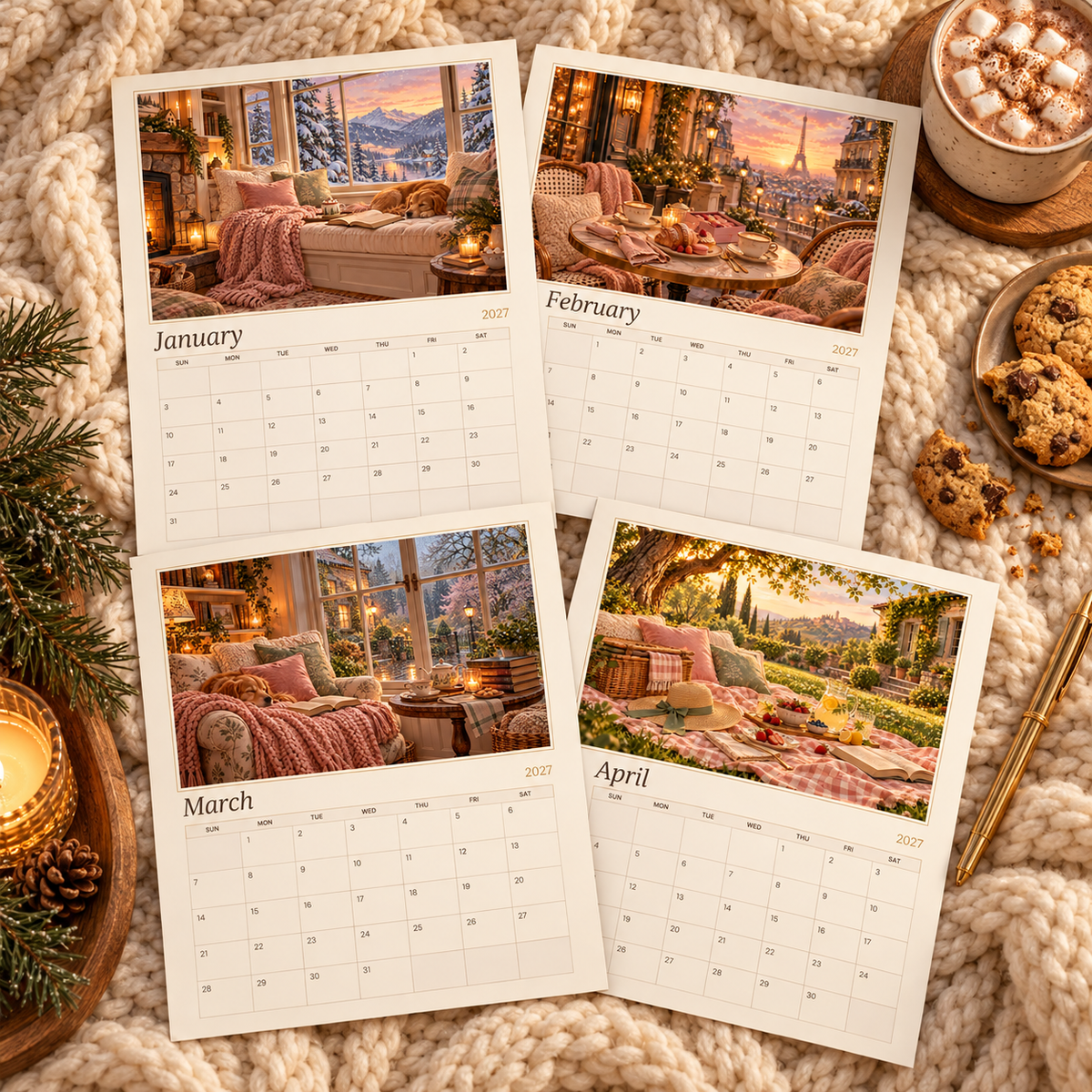 2027 Printable Calendar | A Cozy Year | Fillable PDF Wall Calendar | Cozy Aesthetic | US Letter & A4