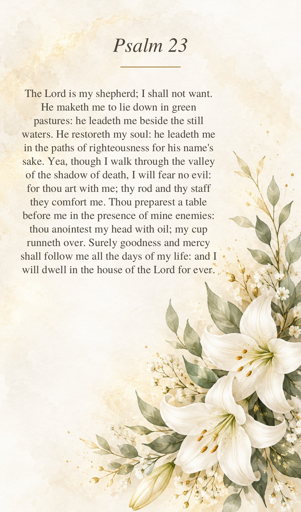 Memorial Prayer Card Template | Fillable PDF | White Lily Funeral Prayer Card | Printable 2.5x4.25 | Psalm 23
