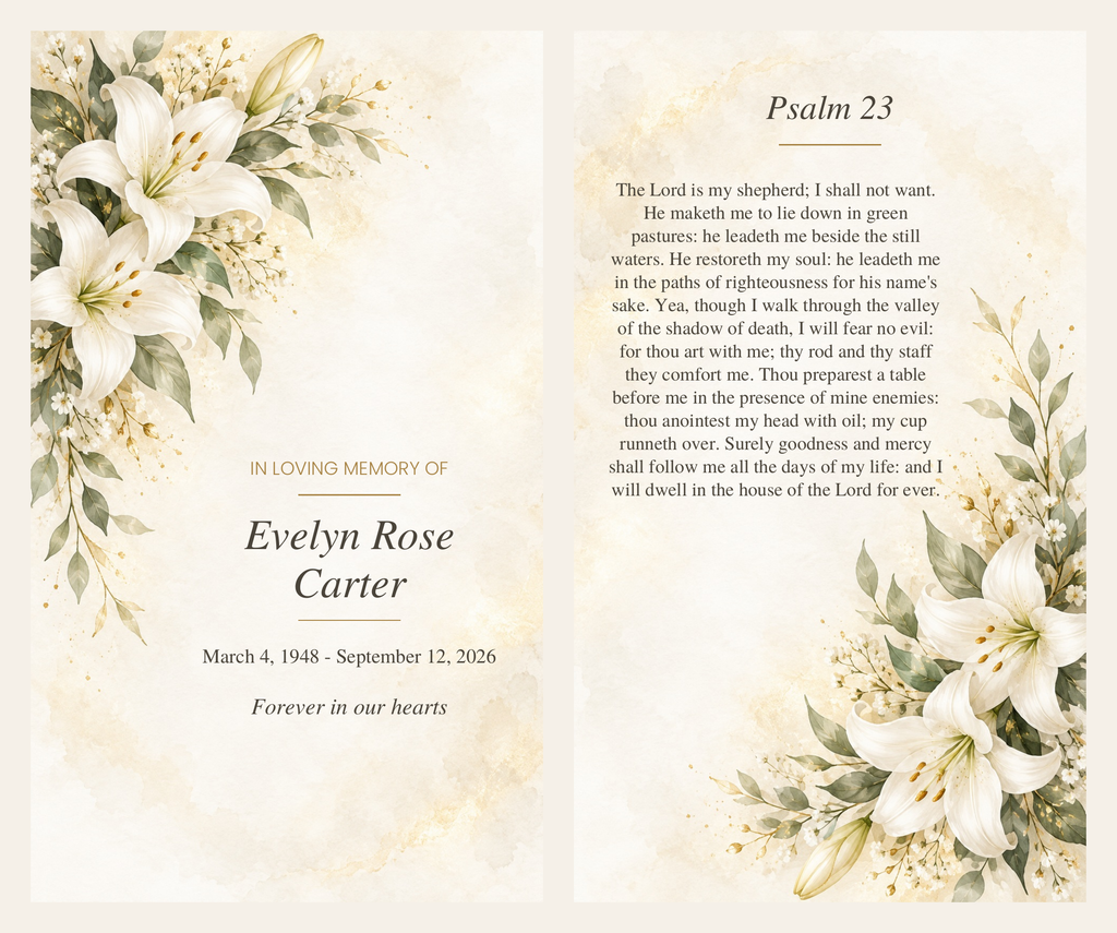 Memorial Prayer Card Template | Fillable PDF | White Lily Funeral Prayer Card | Printable 2.5x4.25 | Psalm 23